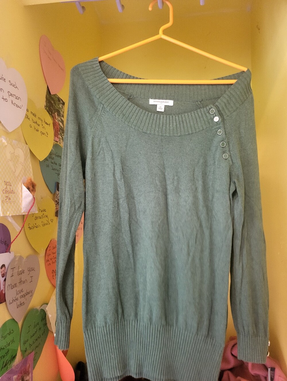 Banana Republic Sage Green Off-Shoulder Button-Accent Sweater